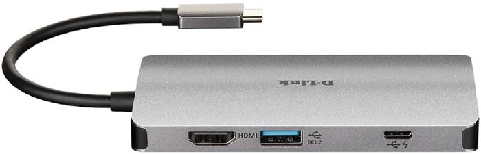 D-Link DUB-M810 Hub USB-C 8 en 1 con HDMI 4K, Ethernet y Lector de Tarjetas, Gris/Plata